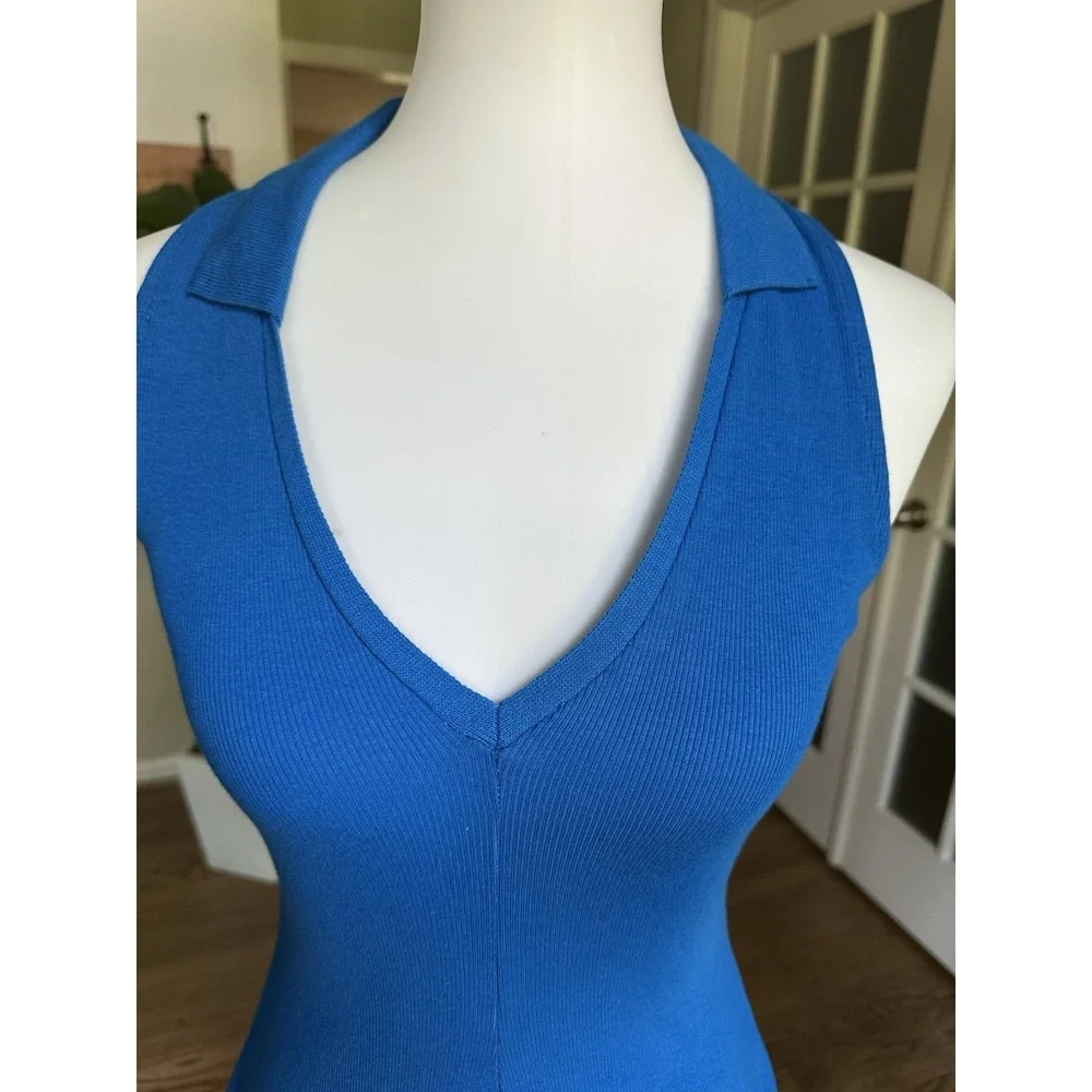 Zara Blue Lapel Collared Sleeveless Ribbed Skater Knit Mini Dress Size M - Picture 3 of 6